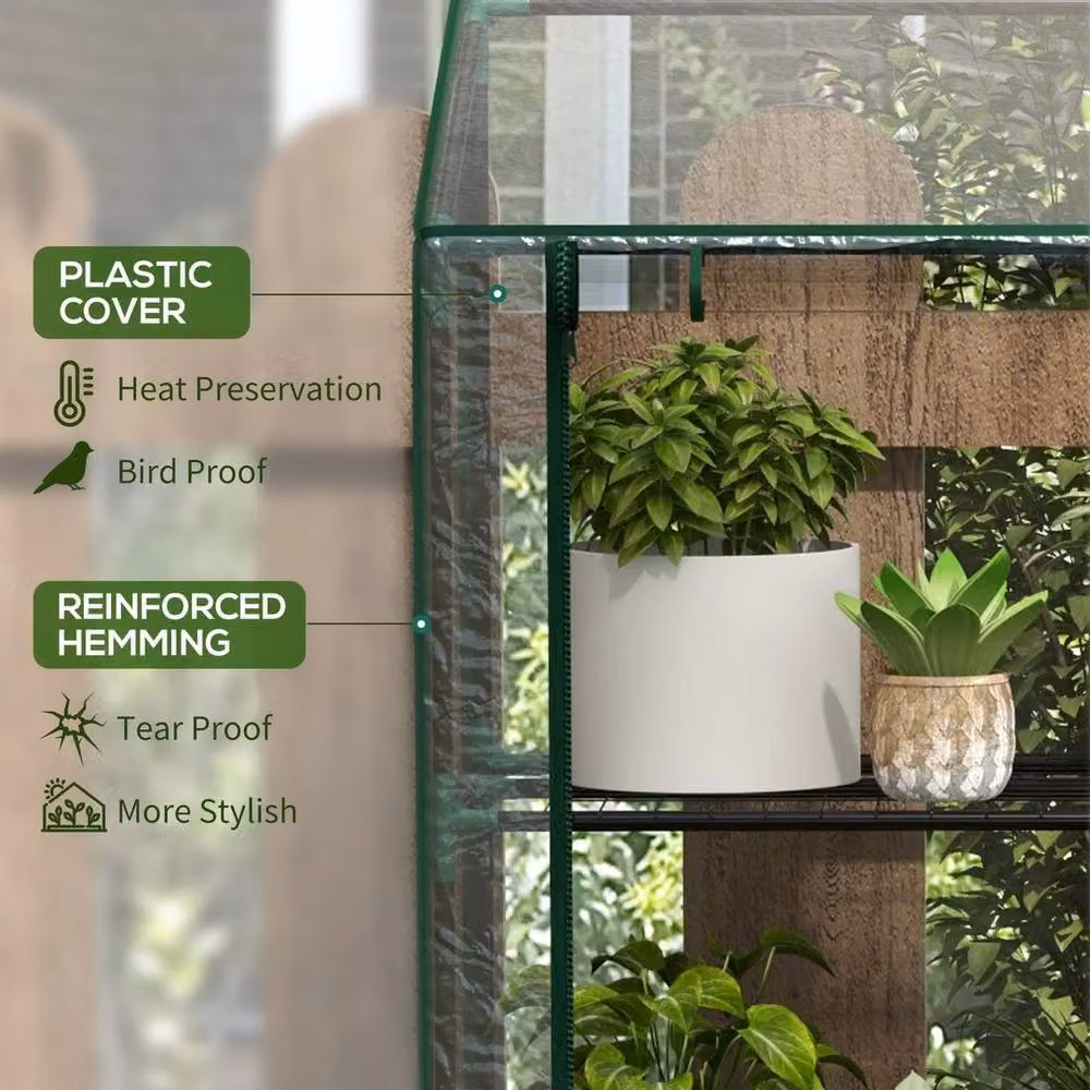 FLAVORA 3-Tier Transparent Mini Greenhouse with Shelving and Roller, 0.6m2 – 4