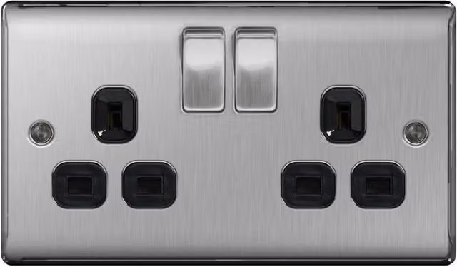 British General 13a 2 Gang UK Plug Socket in Grey, Black and Silver