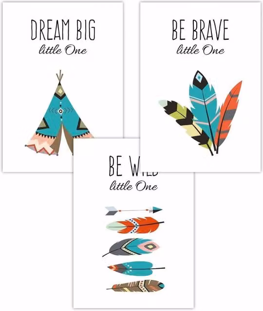ARTZE Set of 3 Multicolour Tribal Quote Dream Big Nursery Wall Posters, W: 42 cm, H: 59 cm