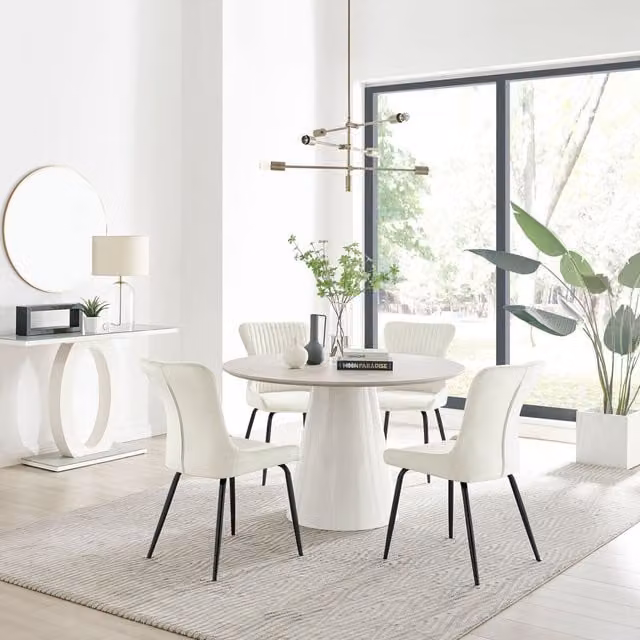 FurnitureboxUK Palma Beige Stone Effect Round Dining Table and 4 Nora Black Leg Chairs in Cream