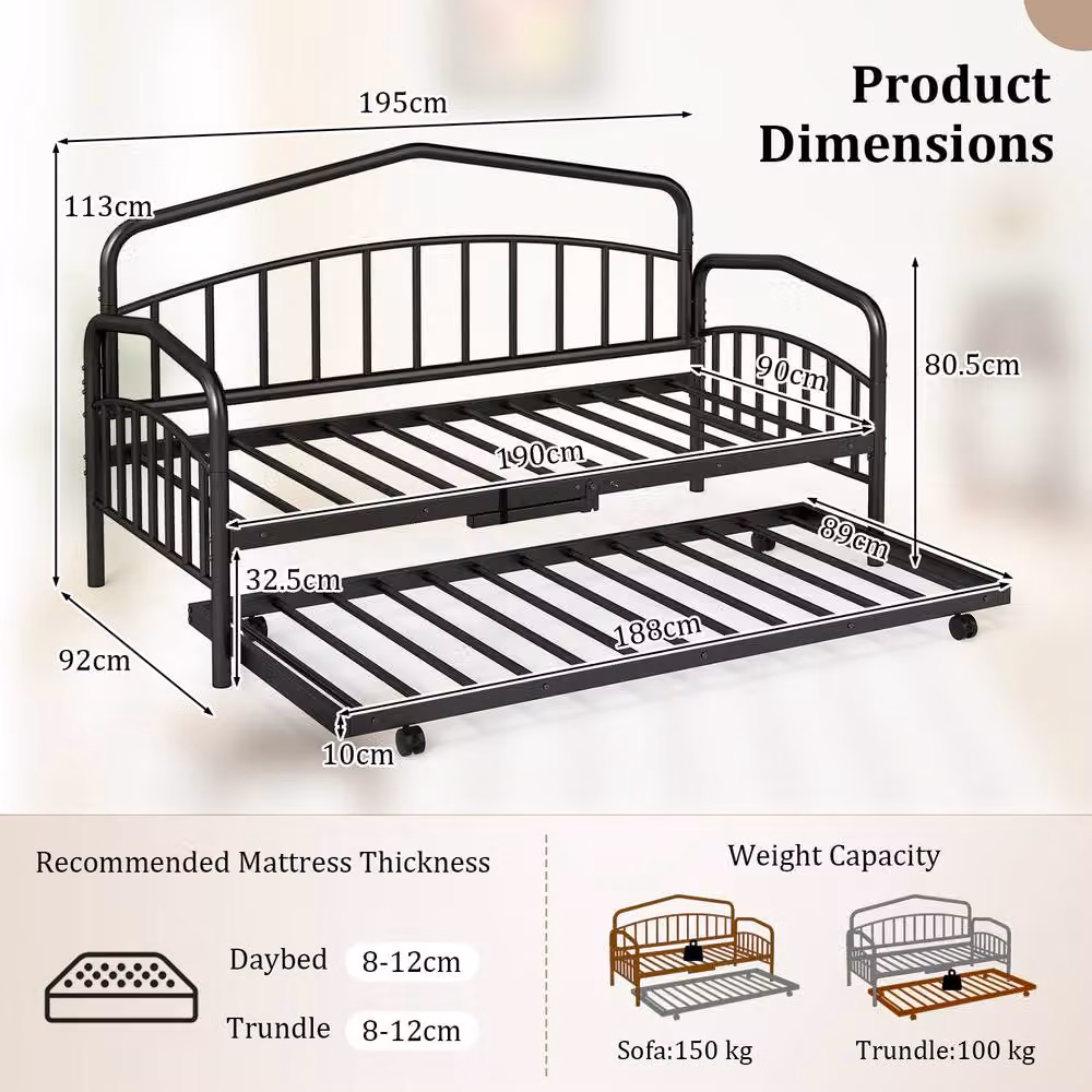 Costway Single Metal Daybed with Rolling Pull Out Trundle in Black, W/D/H: 90 x 200 cm – 2