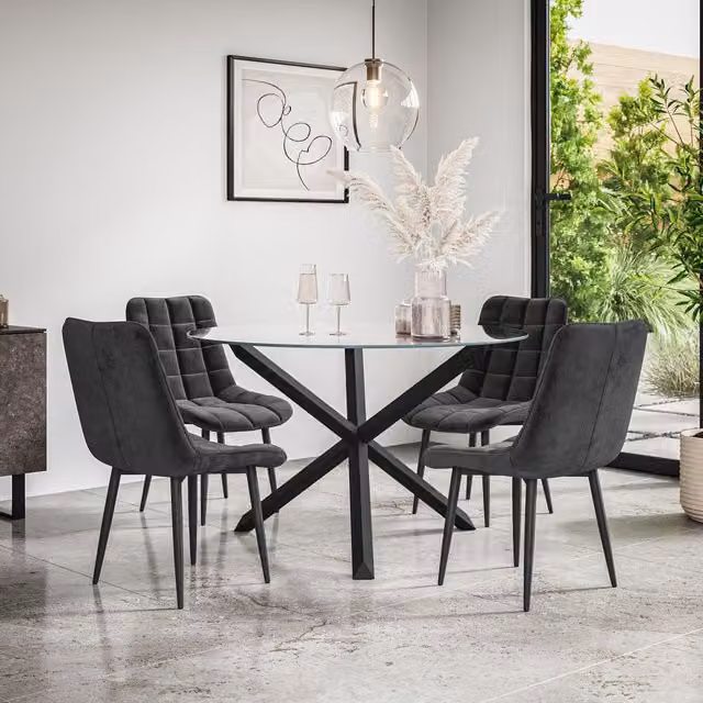 More4Homes Malvern Round Dining Table and 4 Nova Velvet Dining Chairs Set, Clear Glass Top with Solid Oak Black Legs, Diameter: 120 cm, Height: 75 cm