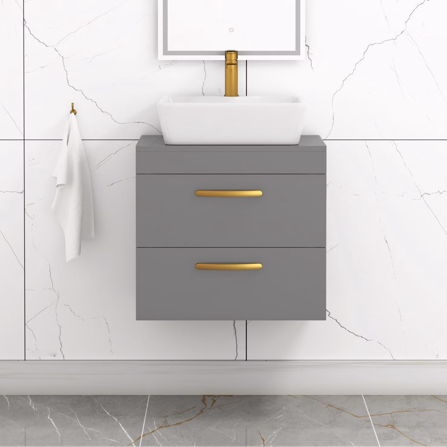 Royal Bathrooms 600mm Wall Hung Vanity Unit with 2 Drawers in Indigo Grey Gloss and Cube Countertop Basin with Brushed Brass Handle