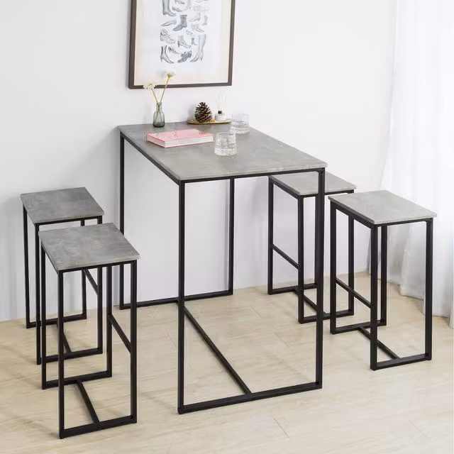 SoBuy Modern Home Bar Set with 1 Rectangular Table and 4 Stools in Grey and Black