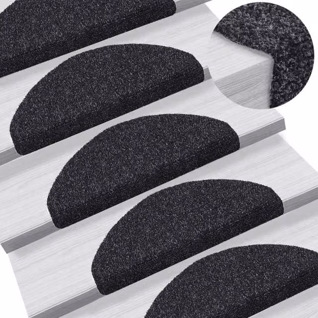 Berkfield Home Self-adhesive Needle Punch Stair Mats, 10 Pieces, Black, W: 65 cm, D: 21 cm, H: 4 cm – 1