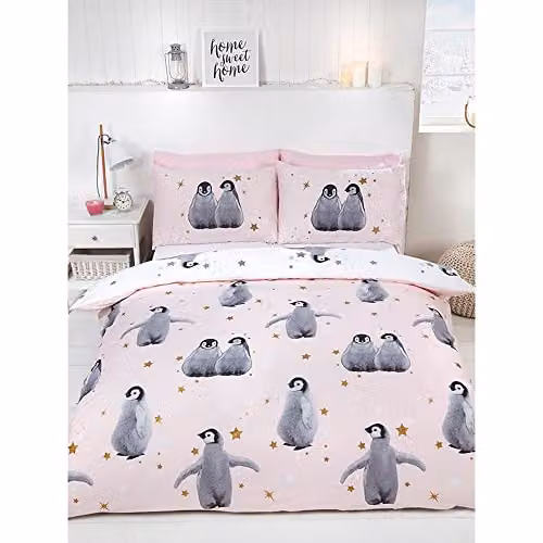 Rapport Home Starry Penguin Reversible Polycotton Duvet Cover Set with 2 Pillowcases in Pink and Blue, W/D/H: 200 x 200 cm – 1