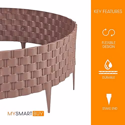 mysmartbuy Flexible Faux Rattan Lawn Edging Fence, Brown, 4 Pack, H 22 cm x L 60 cm per strip – 3
