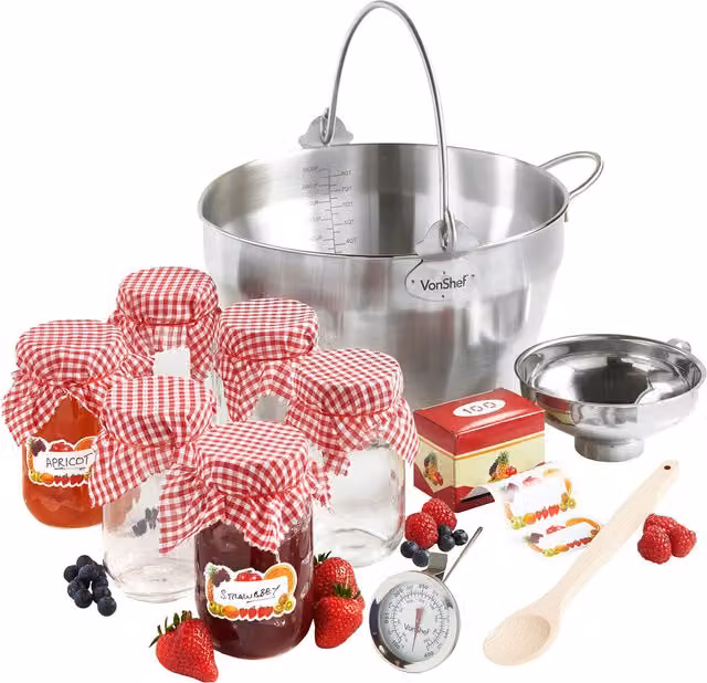VonShef Jam Making Starter Kit Set in Red and Multicolour with Stainless Steel and Wood Utensils