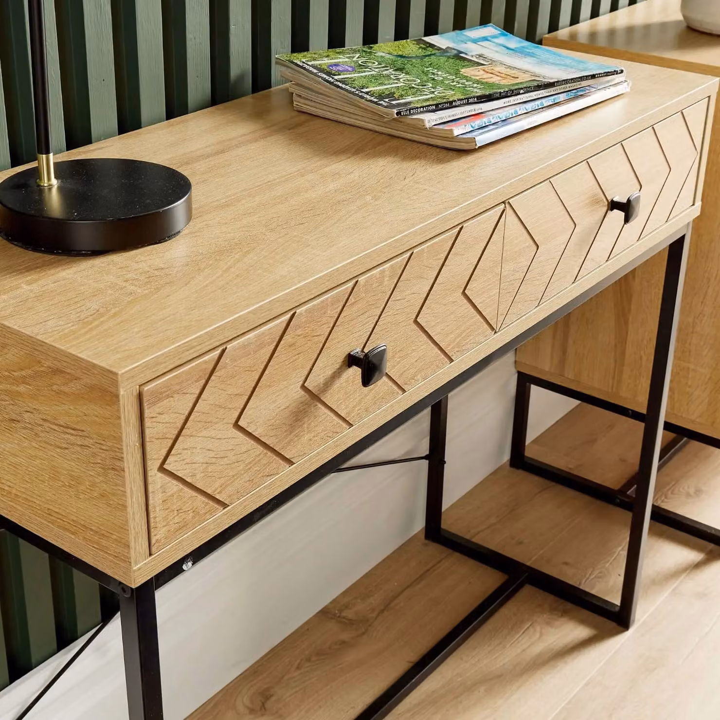 Home Source Aztec Design Console Table with 2 Drawers in Light Oak Effect and Black Metal Legs – 2