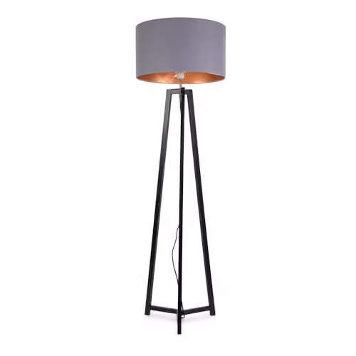 ValueLights Black Wood Tripod Floor Lamp with Grey and Gold Drum Lampshade and Included LED Bulb