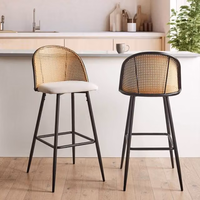 Wyld and Coco Set of 2 Viennese Bar Chairs with Black Lacquered Iron Frames and Beige Fabric Seats – 1
