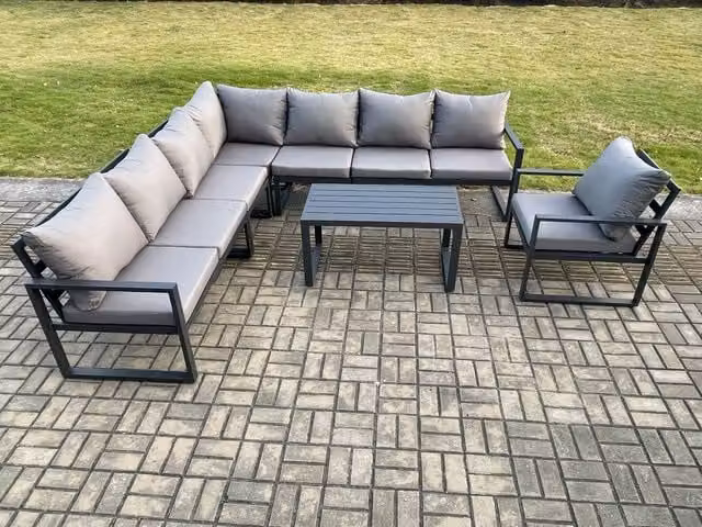 Fimous Modern L-Shape Outdoor Lounge Corner Sofa Set with Oblong Coffee Table in Dark Grey