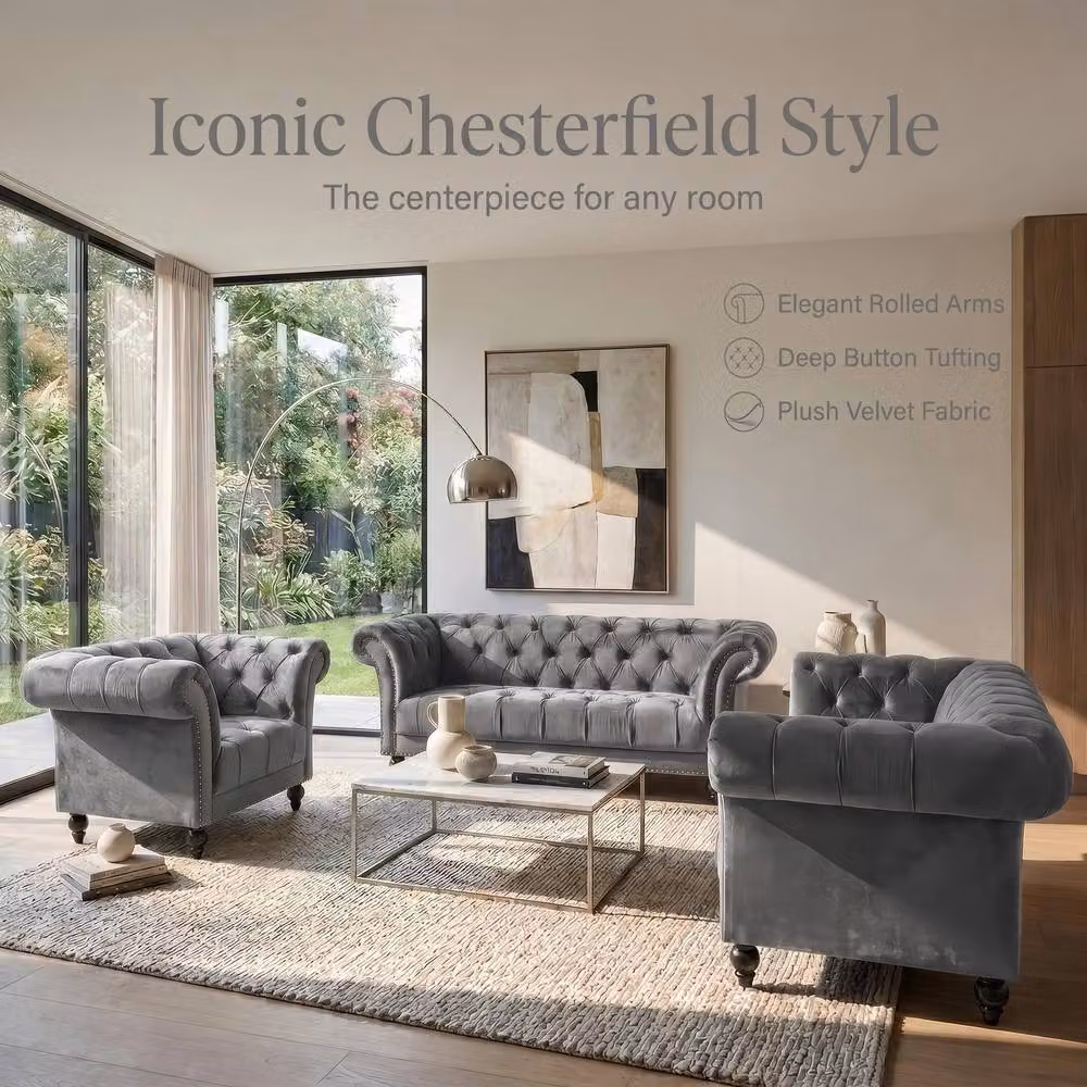 Bravich LTD 3 Seater Chesterfield Velvet Sofa in Grey with Rolled Arms and Buttoned Back – 2