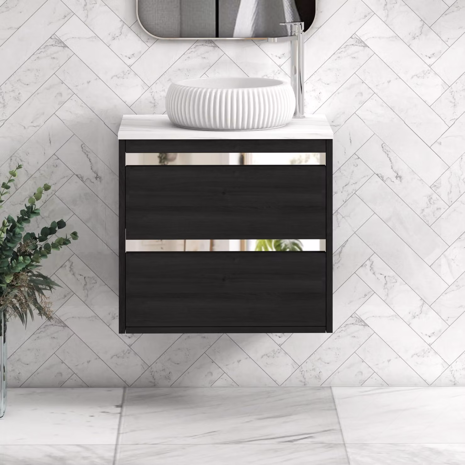 Royal Bathrooms Orion 800mm Hale Black Wall Hung Vanity Unit with Milan Basin and Carrara White Countertop, 2 Drawers and Chrome Accent Trim