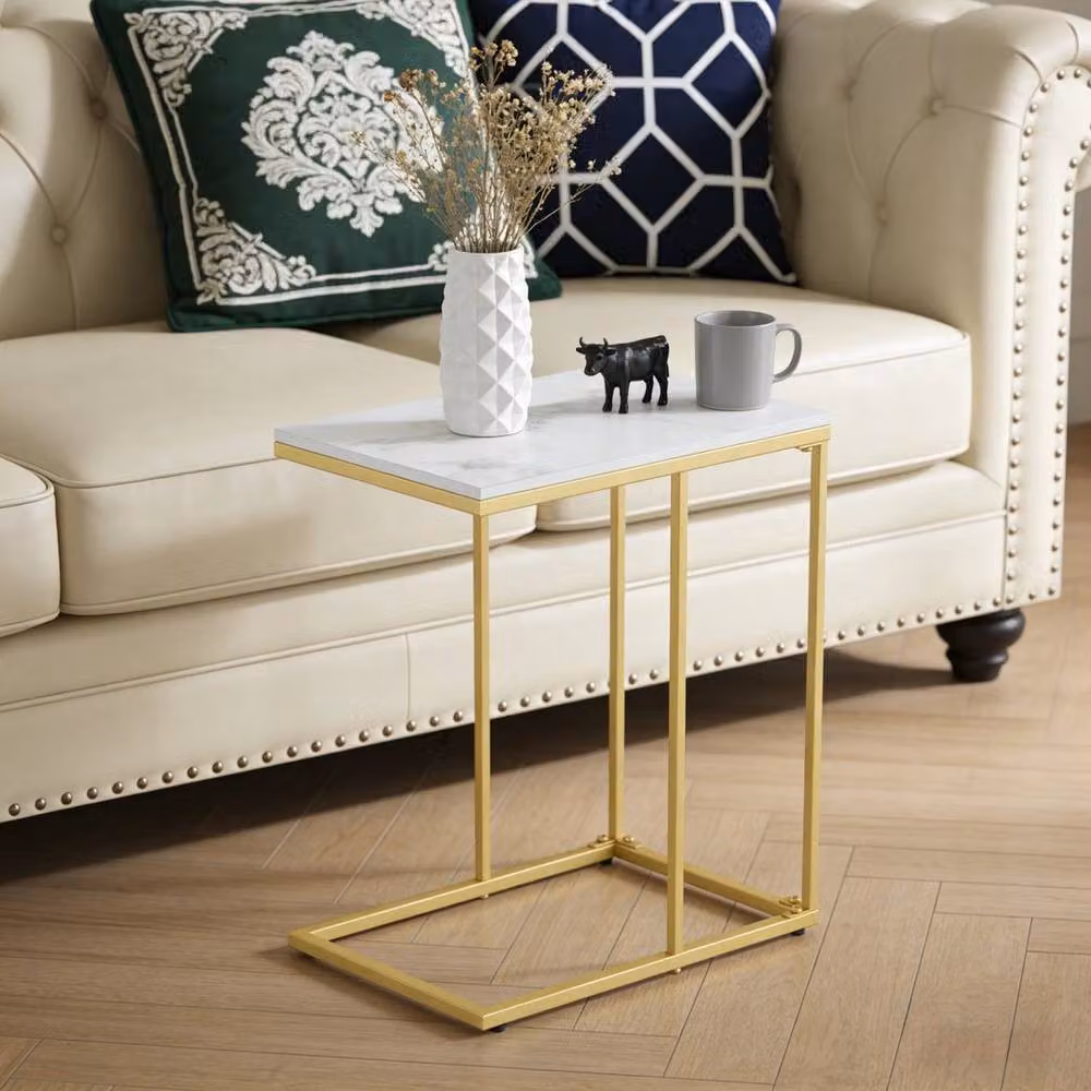 KORVIXA Modern C Shaped Coffee and Side Table with Ceramic Top in White and Gold – 4