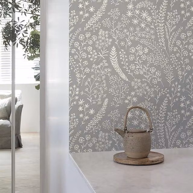 Grandeco Astrid Trail Botanical Floral Wallpaper in Grey and Green