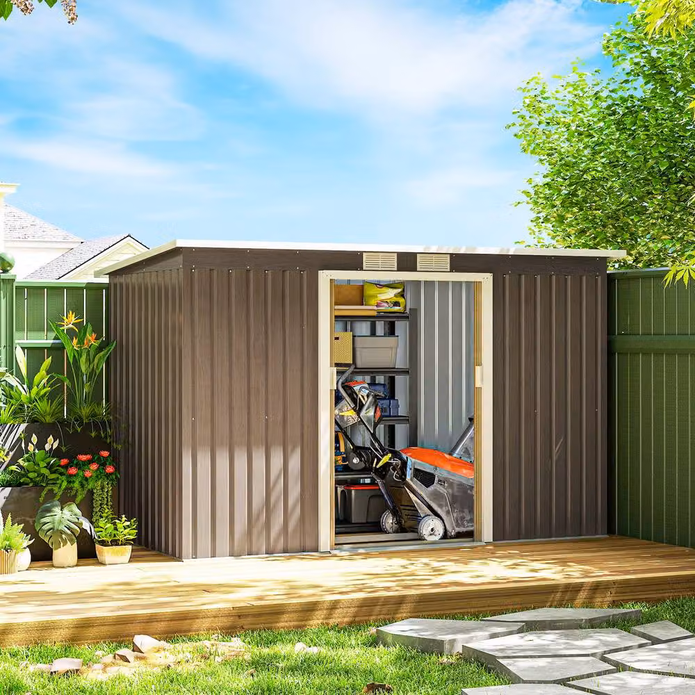 Rolipo Brown Metal Garden Shed with Foundation Kit and Window, W/D/H: 121.92 x 116.0 x 158.0 cm – 4