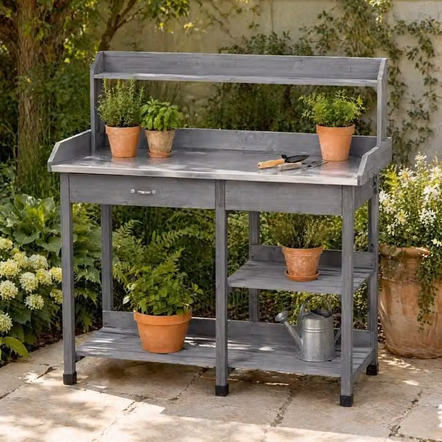 STILVORA Garden Potting Table with Drawer and Shelves in Grey – 1