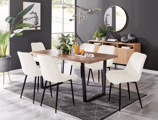 FurnitureboxUK Kylo Brown Wood Effect Dining Table and 6 Pesaro Cream Velvet Chairs with Black Legs – 1