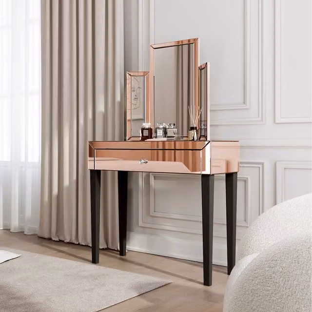 CARME Glossy Tri-Fold Mirrored Dressing Table in Gold and Black