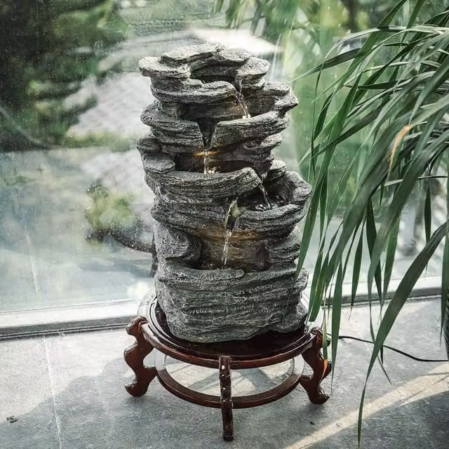EONLION Grey Stone Polyresin Freestanding Fountain Water Feature with LED Lights, Width: 100 cm