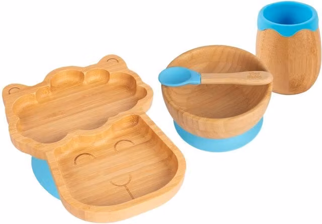 Tiny Dining Llama Bamboo and Silicone 4pc Suction Baby Feeding Set in Blue