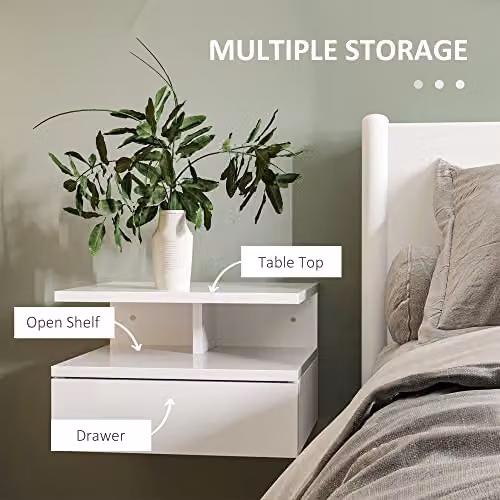 HOMCOM Set of 2 Wall Mounted Floating Bedside Tables in Glossy White – 3