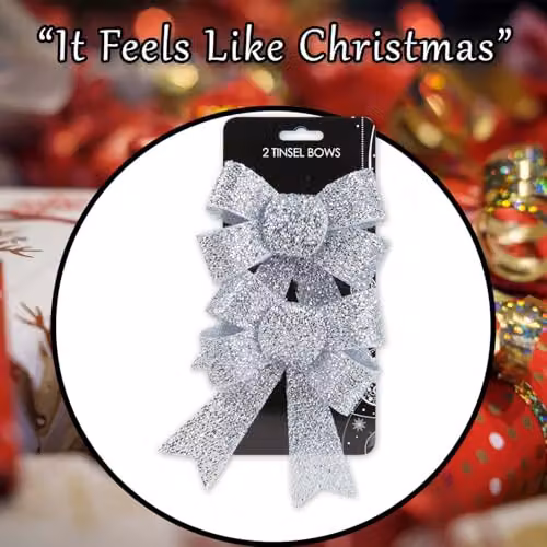 VFM e-Store Silver Tinsel Bows Christmas Decorations, Pack of 2, W/D/H: 13 x 17 x 4.5 cm – 7