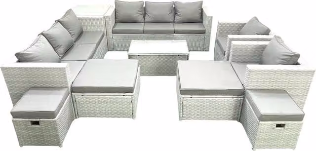 Fimous 10 Piece Rattan Garden Furniture Set in Light Grey with Upholstered Cushions, Lounge Armchairs, Ottomans, Coffee Table and Side Table