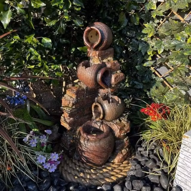 Tranquility Compact Moroccan Pots Traditional Solar Cascade Water Feature, Grey Ceramic Tabletop Design