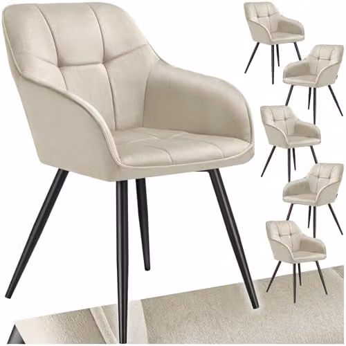 tectake Set of 6 Modern Dining Chairs with Armrests and Velvet-Look Fabric in Black