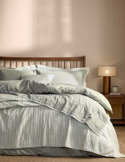 YARD Hebden Reversible Striped Quilted Cotton Bedspread in Sage Green