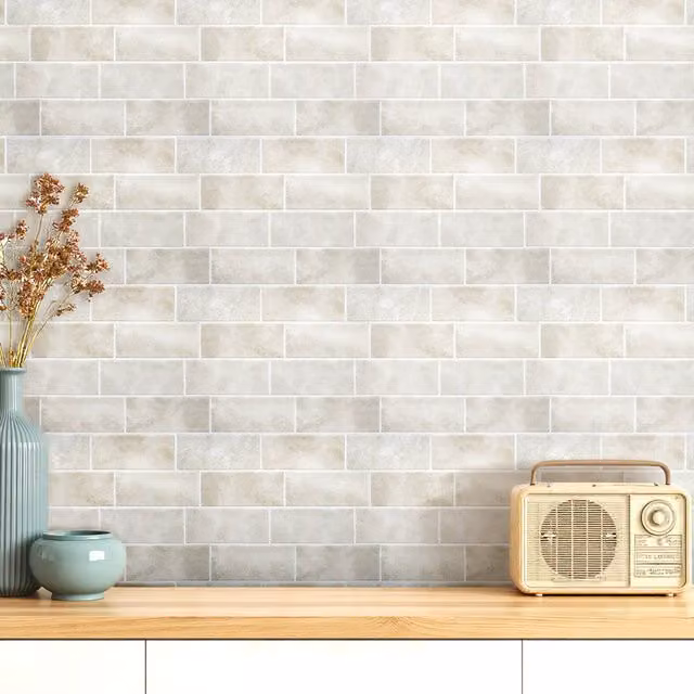 Livingandhome Set of 10 Self Adhesive 3D Tile Look Wallpaper Stickers, Beige and White, W: 29.4 cm, D: 29.4 cm, H: 21.4 cm
