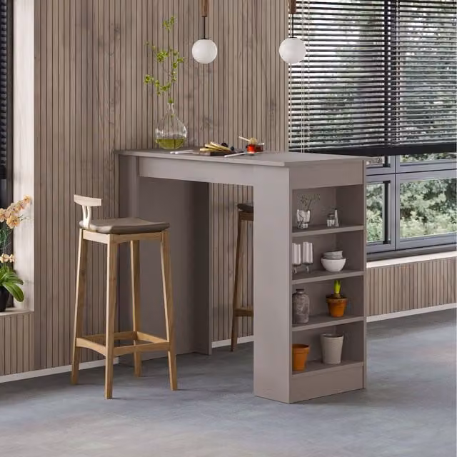 Decortie Modern Kitchen Bar Dining Table with 4-Tier Storage in Mocha Grey and White