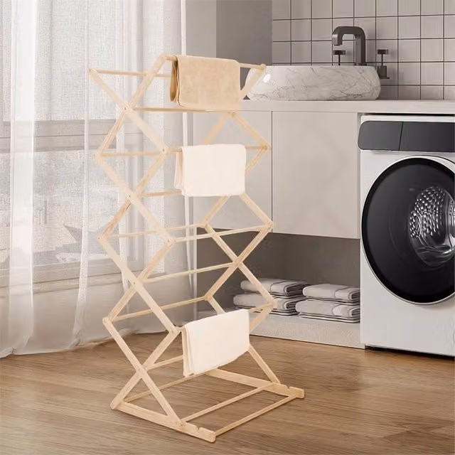 Nordara Adjustable Wooden Collapsible Clothes Airer in Beige, W/D/H: 130 x 60 x 42.1 cm