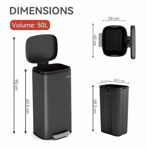 CozyLiving 50L Pedal Kitchen Bin in Grey with Soft Close Lid, Removable Inner Bucket and Fingerprint-Proof Stainless Steel Body, H: 62.5 cm, W: 40.0 cm, D: 28.0 cm – 2