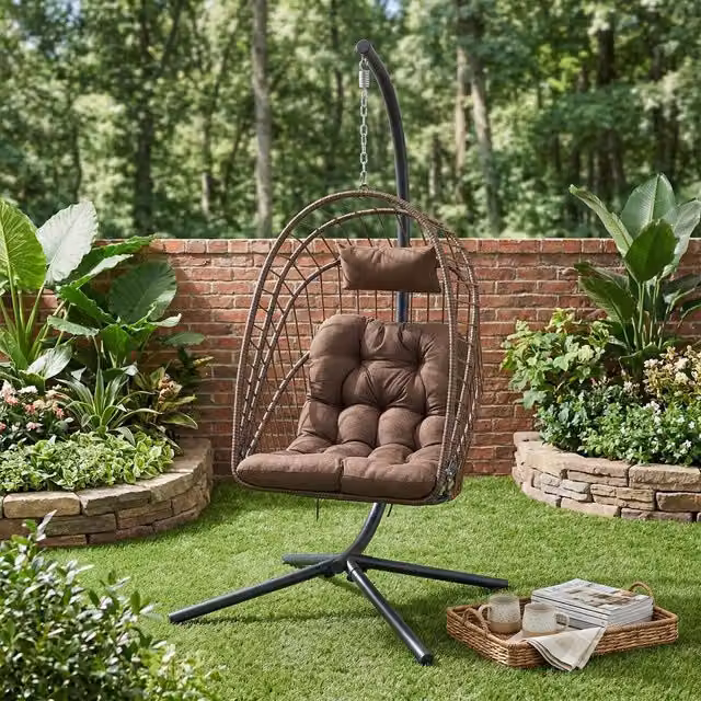 Living and Home Brown Hanging Egg Chair with Cushion and Headrest featuring Rattan and Metal Frame – 1