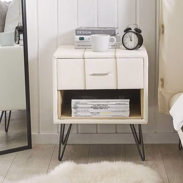 Wyld and Coco White Faux Leather Bedside Table with Metal Hairpin Legs