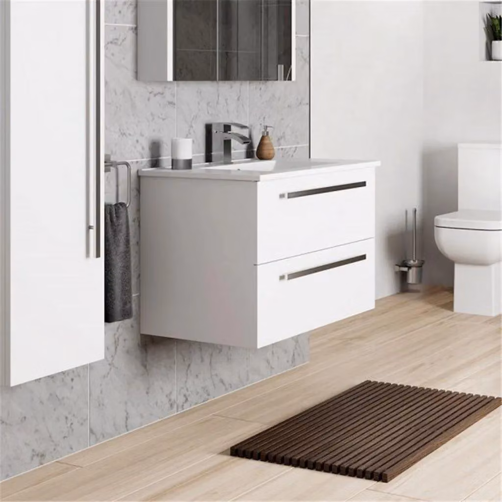 Clifton White Glossy Wall Hung Bathroom 2-Drawer Unit with Ceramic Basin, W: 80 cm, D: 45 cm, H: 50 cm – 2