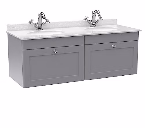 nuie Classique Traditional Wall Hung Double Bathroom Vanity Unit with 2 Drawers, Marble Top and Round Basin, Satin Grey and White, W: 120 cm