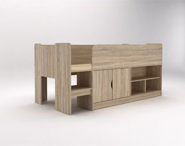 Kidsaw Mid Sleeper Cabin Bed in Brown Oak, Single Size, L195 x W97.3 x H93 cm