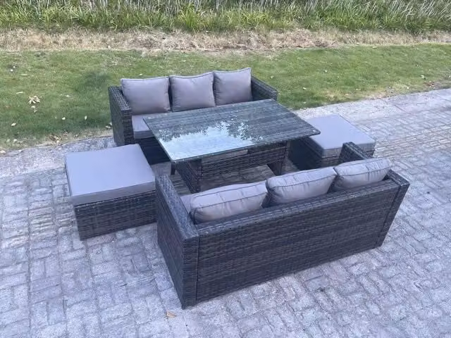 Fimous 8 Seater Outdoor Lounge Sofa and Rattan Dining Set with Glass Table in Dark Grey