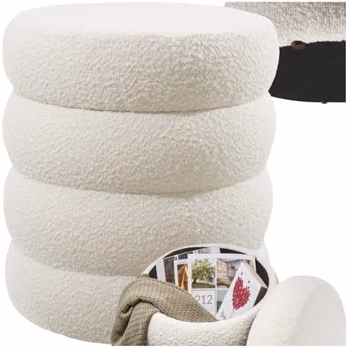 tectake Scandinavian Style Storage Ottoman with Soft Bouclé Cover and Padded Seat, Beige/White, W/D/H: 47 x 47 x 42 cm