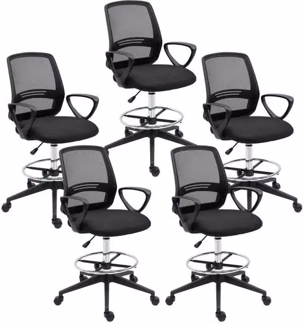 Chilli Seating Set of 5 Black Ergonomic Mesh Back Drafting Chairs with Armrests and Foot Ring