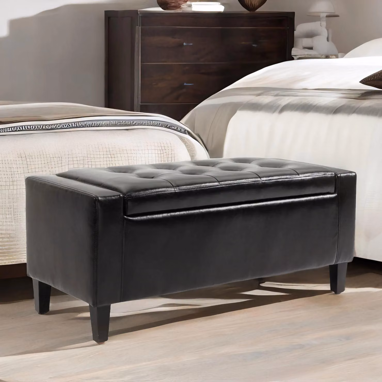 FURNOS Tufted Faux Leather Ottoman Storage Bench in Black, W/D/H: 150 x 40 x 40 cm – 2