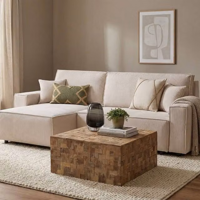 Wyld and Coco Gambo Teak Coffee Side Table in Brown with a Matte Geometric Cube Design W/D/H: 33 x 33 x 80 cm – 1