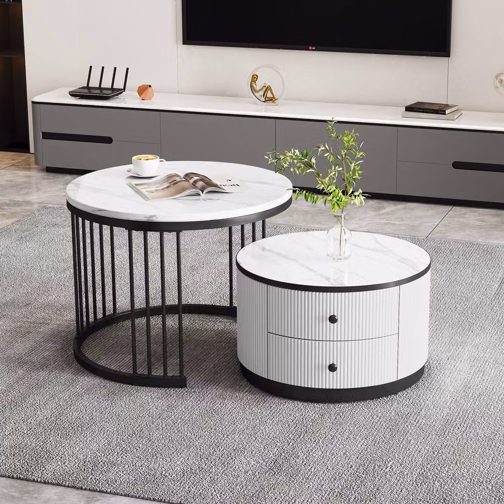 ModernLuxe High Gloss Nesting Coffee Table Set of 2 with Storage Drawers in White and Multicolour, W/D/H: 60.0 x 45.5 x 20.0 cm – 3