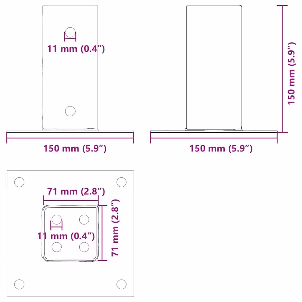 Berkfield Home Square Post Support Bases, 4 Pack, Anthracite, Powder-coated Galvanised Steel, 71 x 71 mm – 3
