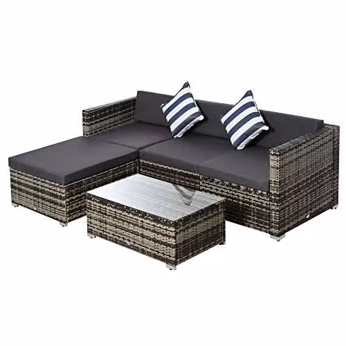 Outsunny 5 Piece L-Shape Polyrattan Garden Furniture Set with Cushions in Grey – 1