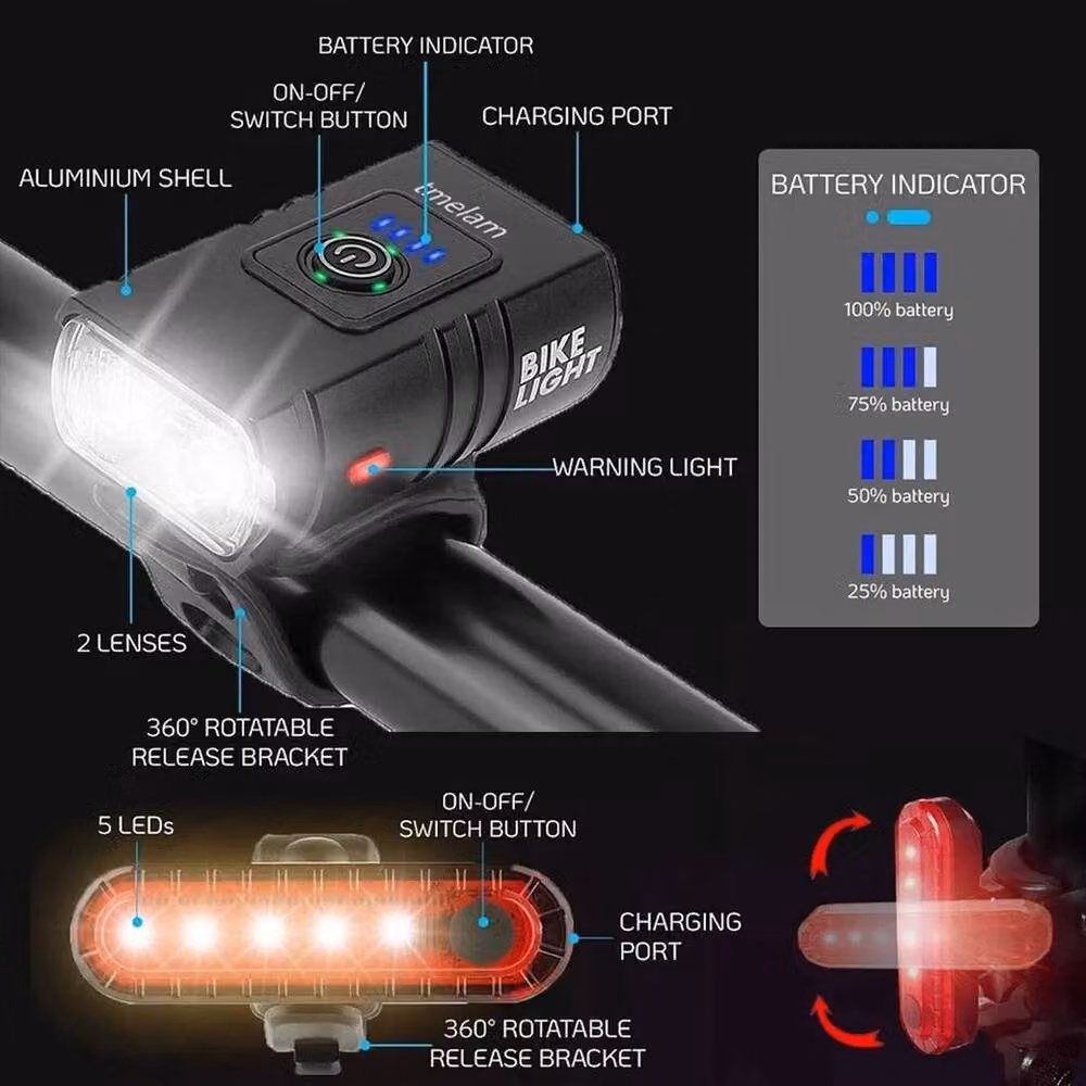 FLAVORA USB Rechargeable T6 LED Bike Light Set in Black and Red – 3